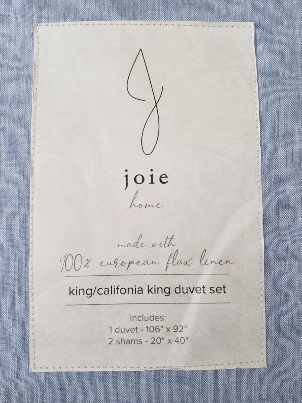 Joie Home European Flax Linen King Duvet Cover Set Coastal Blue Like New